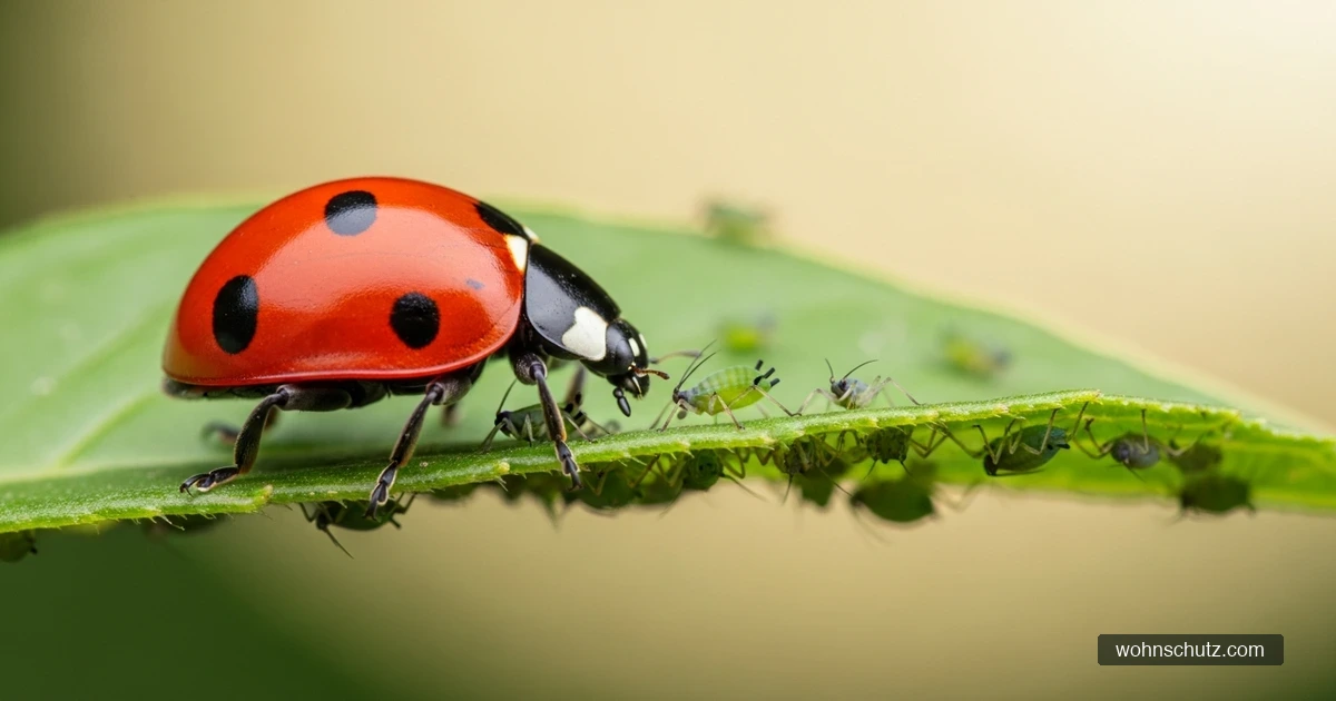 Marienkäfer frisst Blattläuse auf einem Pflanzenblatt – natürlicher Feind im Garten