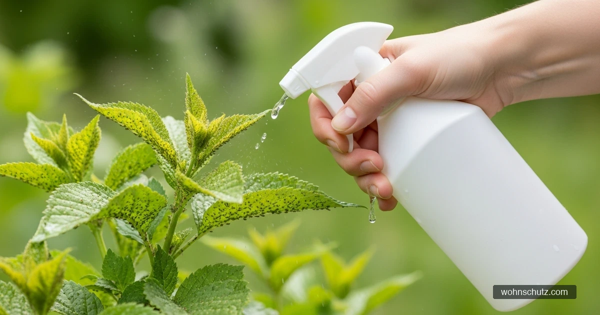 Sprühflasche mit Seifenwasser wird auf befallene Pflanze gesprüht – biologische Blattlausbekämpfung