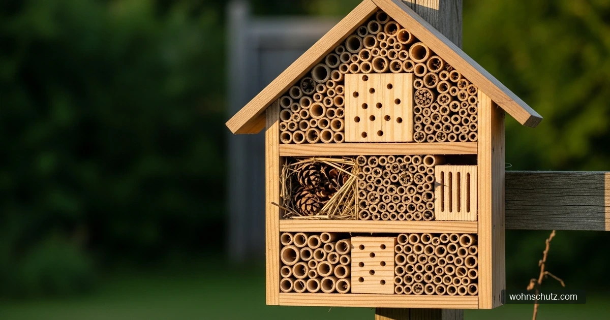 Großes Insektenhotel mit Bambus und Holz in südausgerichtetem Garten – Überwinterungsquartier für Marienkäfer