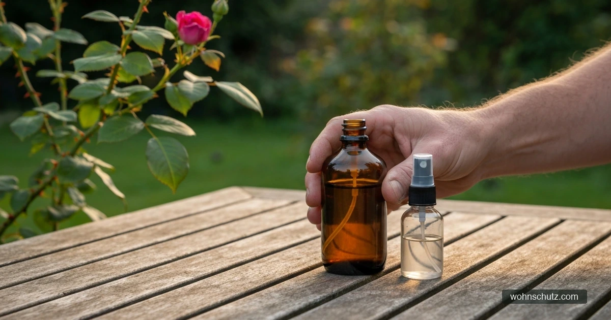 Neemöl-Spray wird abends auf befallene Pflanzentriebe gesprüht – biologischer Schutz gegen Blattläuse