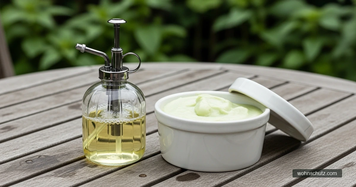 Sprühflasche mit selbst gemischter Seifenlauge und Schmierseife auf einem Gartentisch – Hausmittel gegen Blattläuse