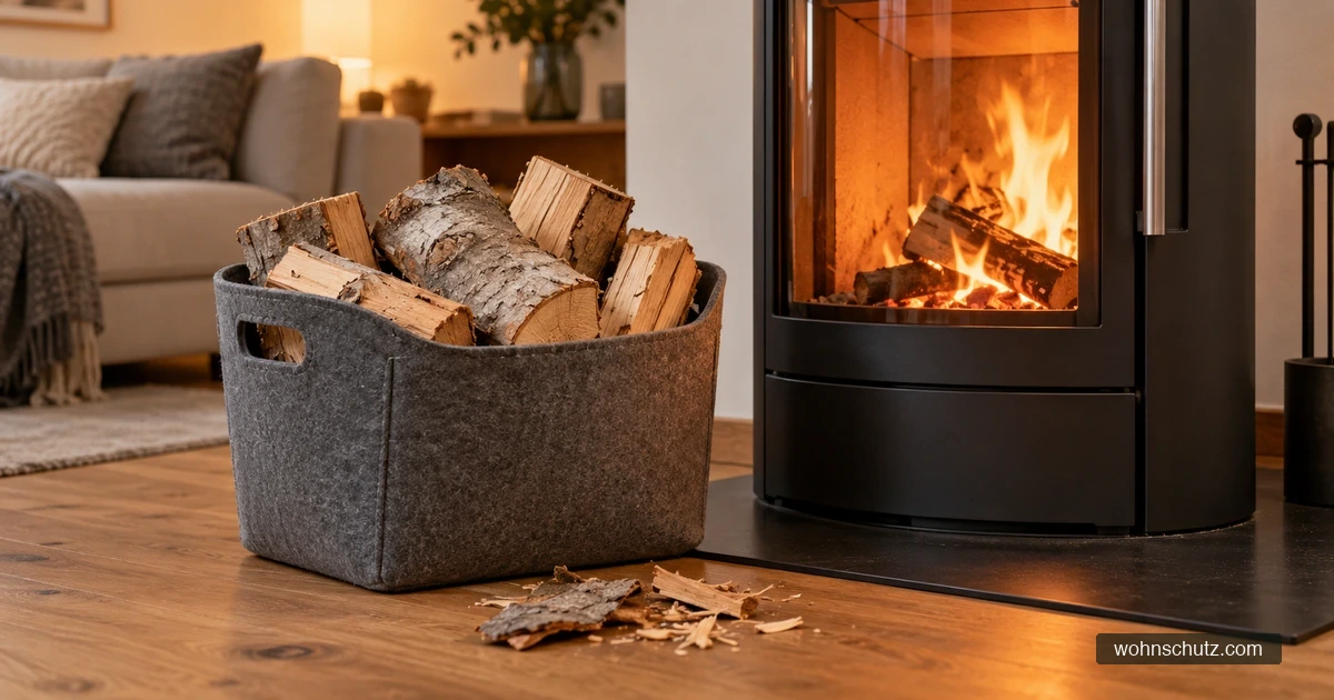 Filzkorb mit gespaltenen Holzscheiten mit Rinde neben einem Kaminofen mit kleinem Feuer in einem Wohnzimmer, auf dem Parkett etwas lose Rinde