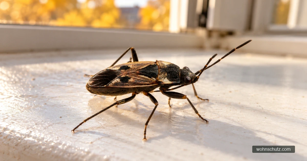 Gemeine Bodenwanze sitzt innen auf einer weiß lackierten Fensterbank neben einem gekippten Fenster, draußen gelbes Herbstlaub