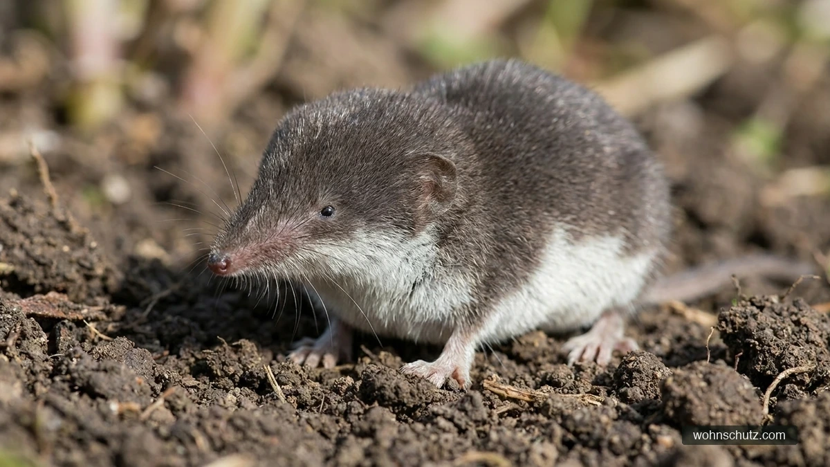 Feldspitzmaus (Crocidura leucodon) am Boden – zweifarbiges Fell mit dunkler Oberseite und weißer Unterseite, Reservoirwirt des Bornavirus BoDV-1