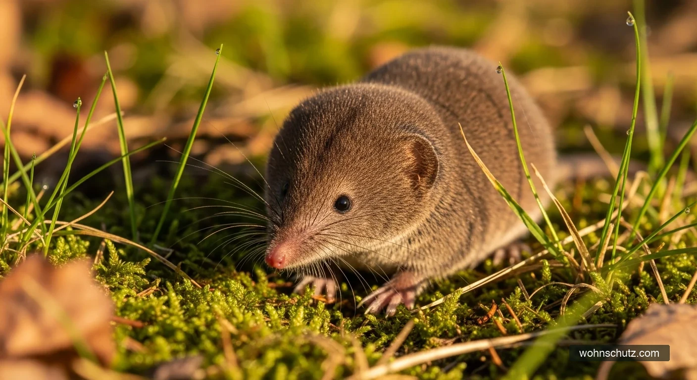 Feldspitzmaus (Sorex araneus) auf Moos und Gras in bayerischem Waldgelände – Überträger des Bornavirus