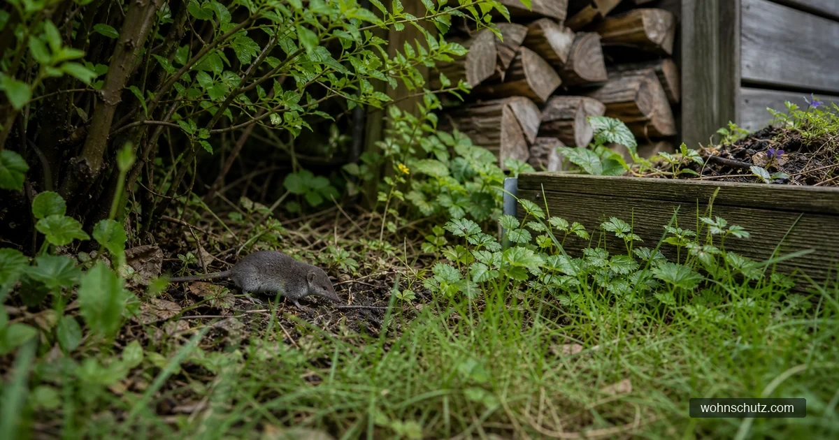 Feldspitzmaus-Umfeld in einem naturnahen Garten mit Holzstapel und Hecke