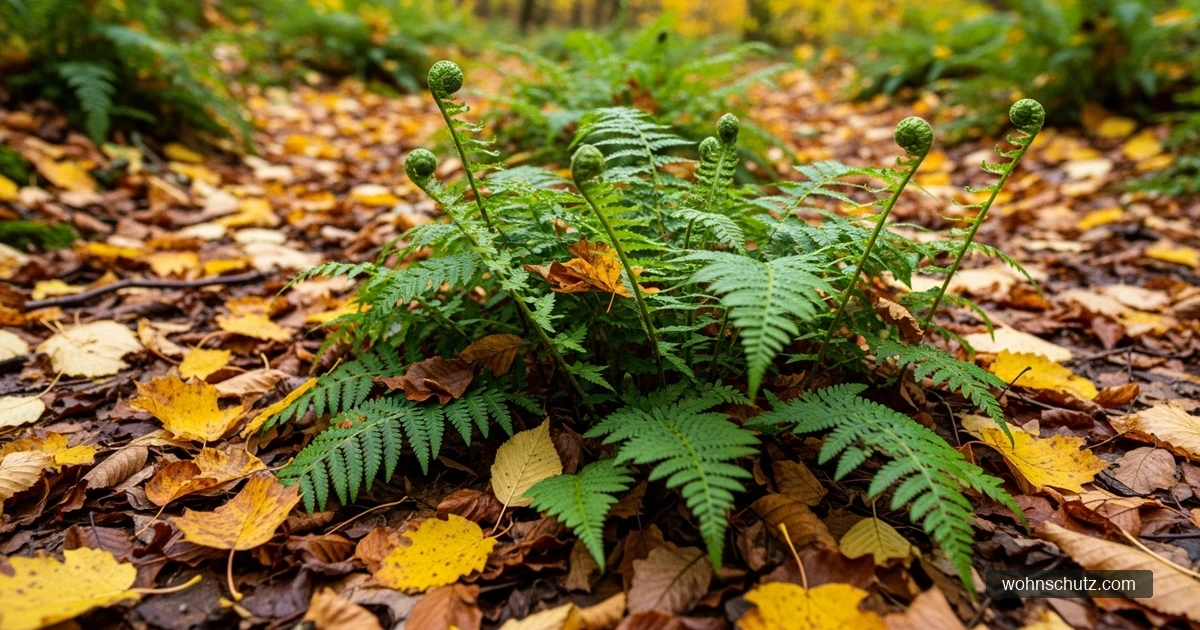 Waldboden mit Falllaub und grünen Farnwedeln in einem deutschen Laubmischwald – typisches Habitat für Ixodes ricinus
