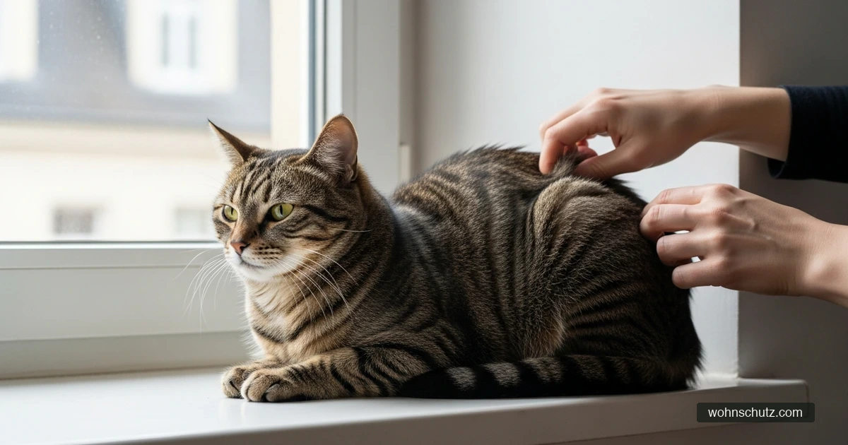 Halter streicht ruhig durch das Fell einer Tabby-Katze am hellen Wohnzimmerfenster