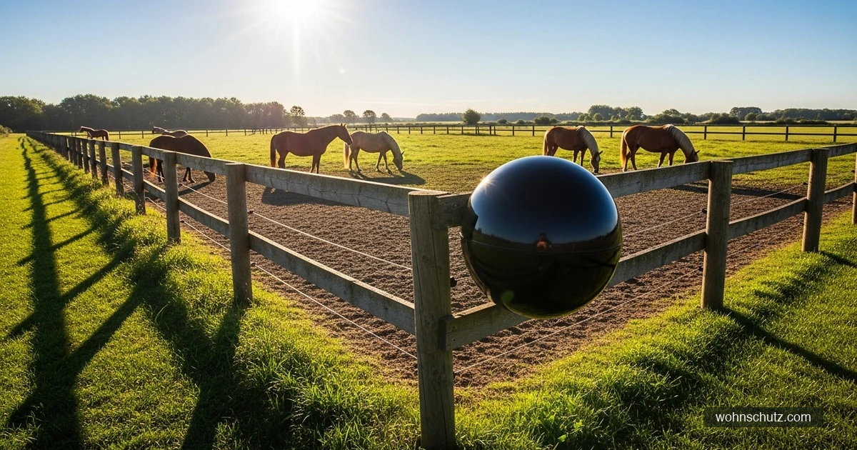 Optische Bremsenfalle am sonnigen Rand einer Pferdekoppel, einige Meter abseits der Tiere
