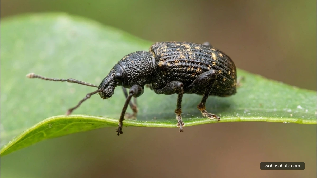 Gefurchter Dickmaulrüssler (Otiorhynchus sulcatus) auf einem Blatt – schwarzer Käfer mit breitem Rüssel, geknieten Fühlern und goldgelb gesprenkelten Flügeldecken