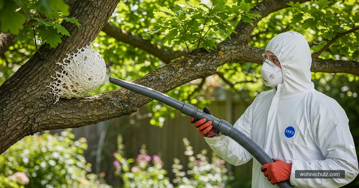 Schädlingsbekämpfer in Schutzanzug saugt Eichenprozessionsspinner-Nest am Baum ab