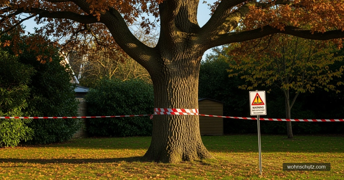 Befallene Eiche im Hausgarten mit Absperrband und Warnschild