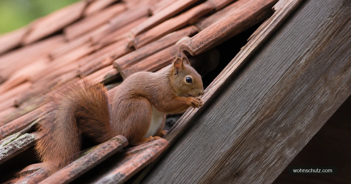 Eichhörnchen sitzt am Rand eines roten Ziegeldachs neben einer offenen Lücke unter dem Ortgang