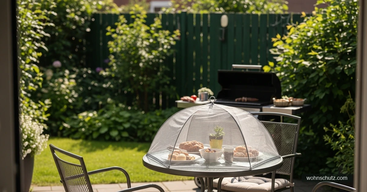 Grillabend auf deutscher Terrasse mit Fliegenschutz-Abdeckung über Speisen