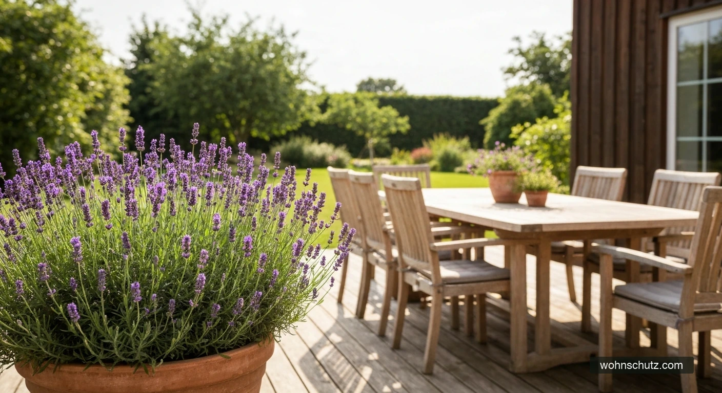 Gemütliche deutsche Terrasse mit Holzmöbeln und Lavendel im Sommer