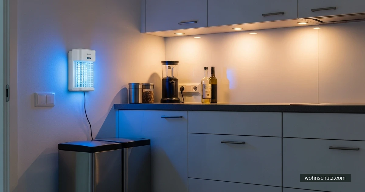 UV-Insektenfänger mit blauem Licht an Küchenwand – diskrete Dauerbekämpfung ohne Chemie