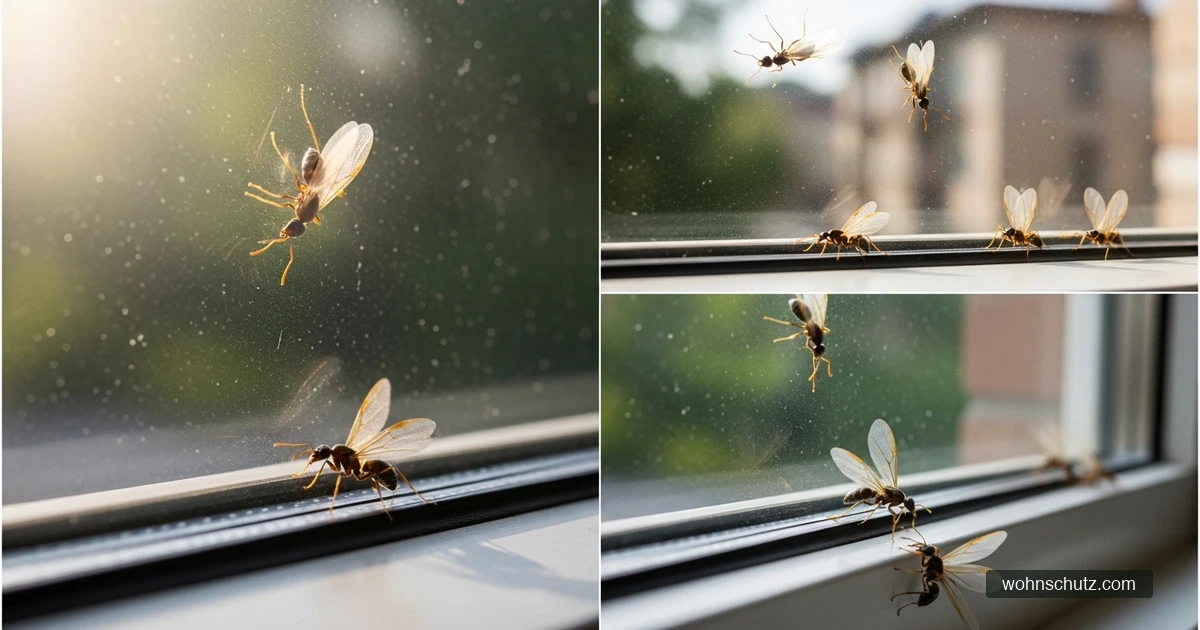 Geflügelte Ameisen sammeln sich an einem Innenfenster – Zeichen für ein aktives Nest im Gebäude