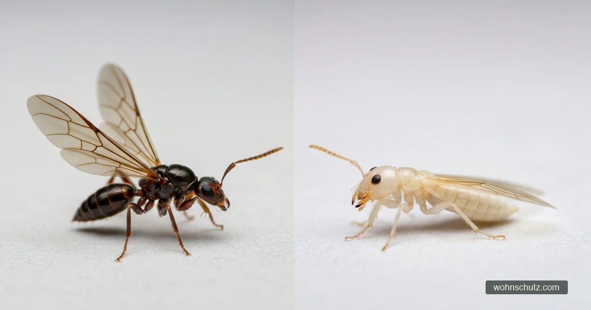 Geflügelte Ameise links und Termite rechts im direkten Vergleich – Taillierung und Flügellänge als Erkennungsmerkmale