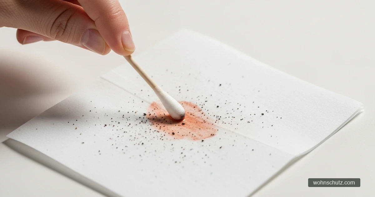Flohkot-Test: Dunkle Partikel auf weißem Papier werden mit Wasser befeuchtet und färben sich rötlich