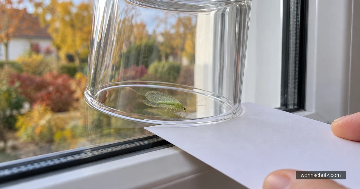 Umgedrehtes Trinkglas über einer hellgrünen Florfliege an der Fensterscheibe, Finger schieben eine weiße Postkarte zwischen Glasrand und Scheibe