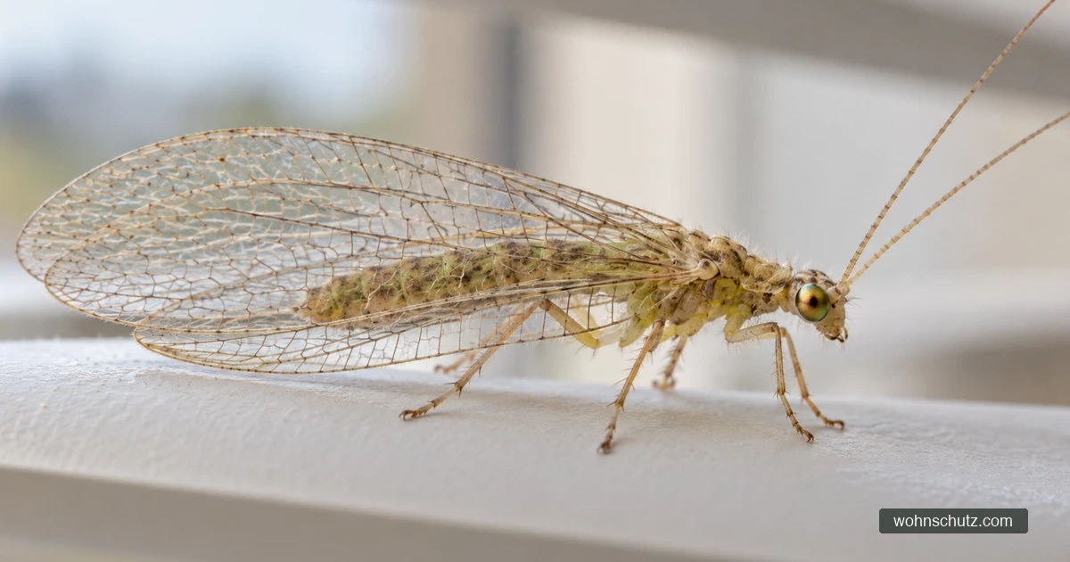 Gelblich-braune Florfliege in Winterfärbung von der Seite auf der Lamelle einer hellen Jalousie – große, fein geaderte, durchsichtige Flügel, lange Fühler, goldgrün glänzendes Auge