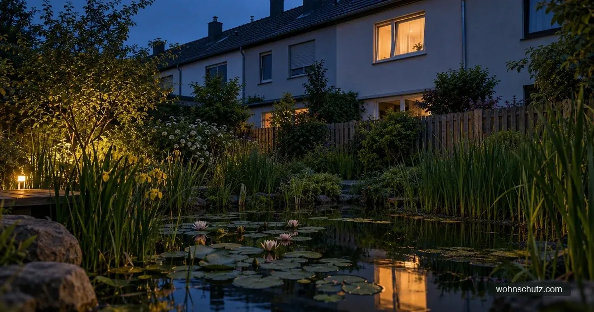 Gartenteich mit Schilf in der Nacht, wenige Meter dahinter ein Nachbarhaus mit gekipptem, erleuchtetem Schlafzimmerfenster