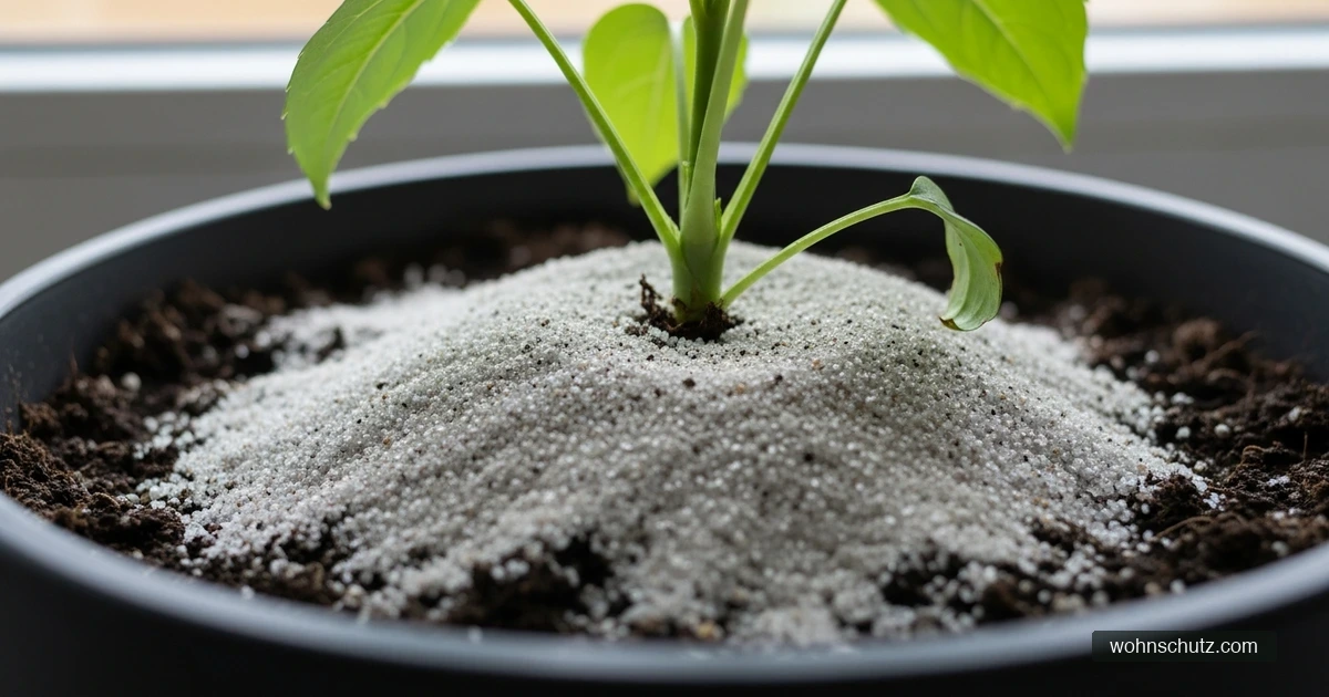 Quarzsand-Schicht über Blumenerde im Topf – verhindert Trauermücken-Eiablage