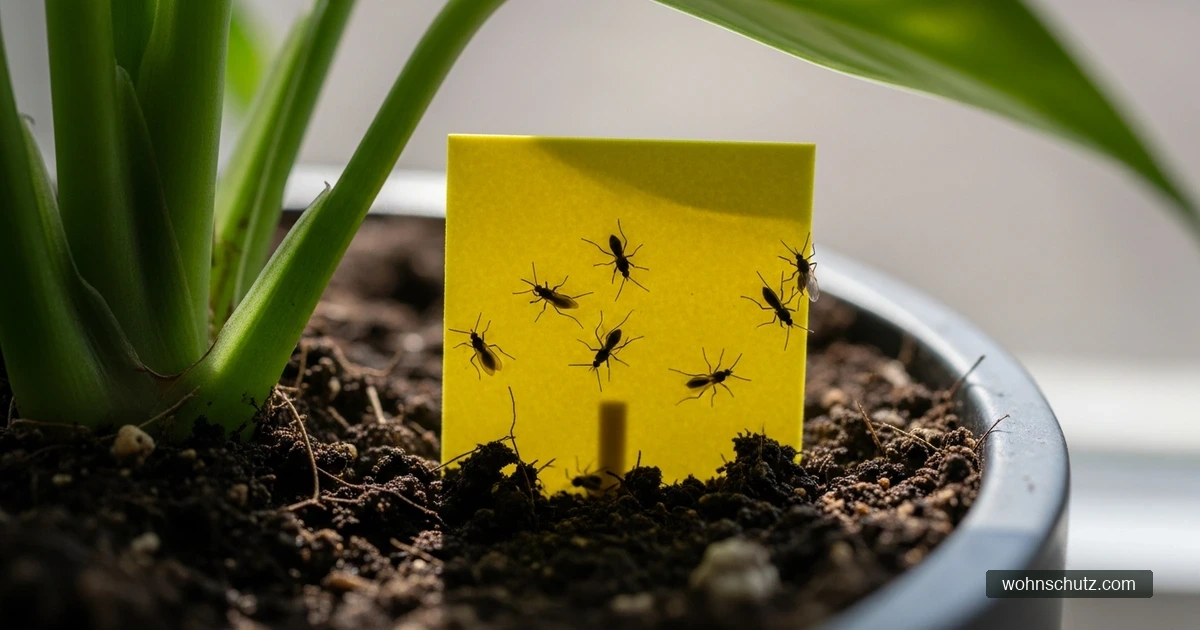 Gelbe Klebefallen im Blumentopf gegen Trauermücken