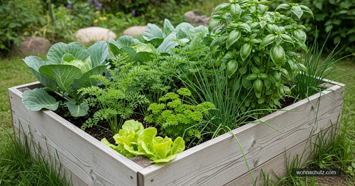 Bepflanztes Hochbeet aus Holz mit Gemüse und Kräutern in einem naturnahen Hausgarten