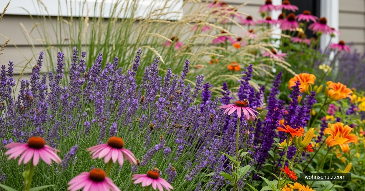 Naturnahes Staudenbeet mit Lavendel, Gräsern und Stauden vor einem Wohnhaus – klimafeste Gartengestaltung