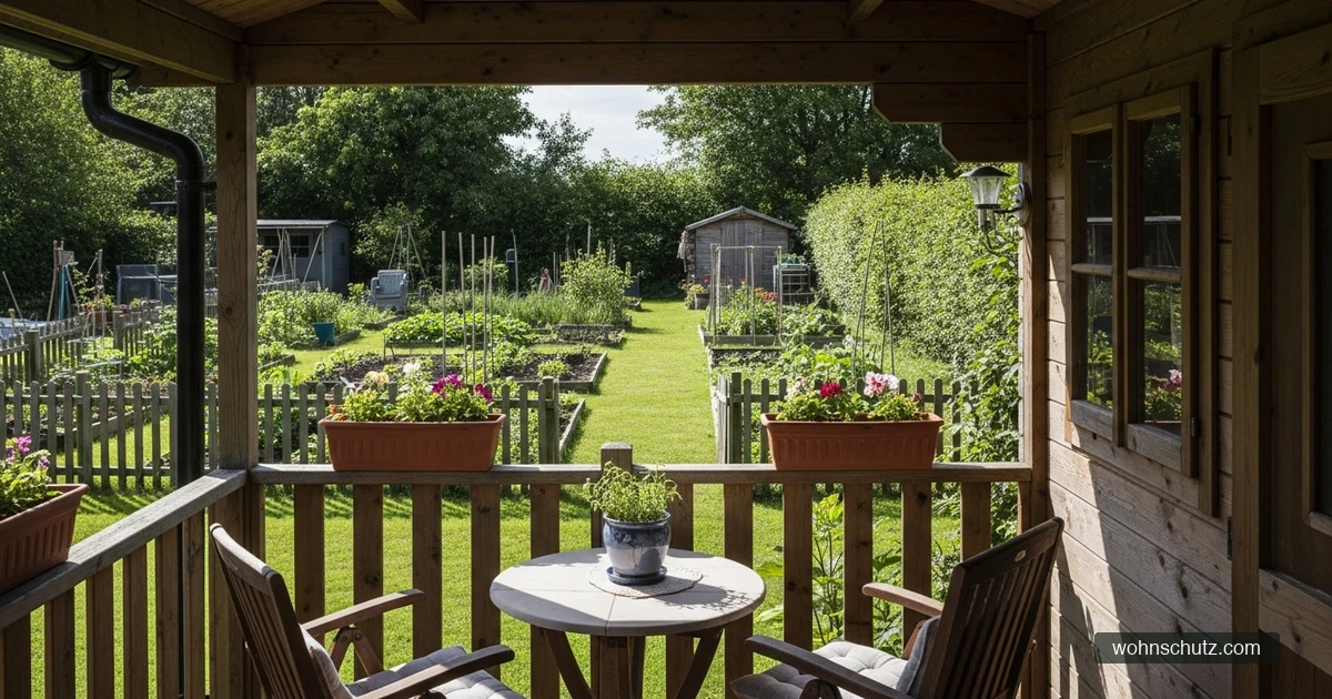 Überdachte Veranda einer Gartenlaube mit Tisch, Stühlen und Kübelpflanzen als gemütlicher Sitzplatz