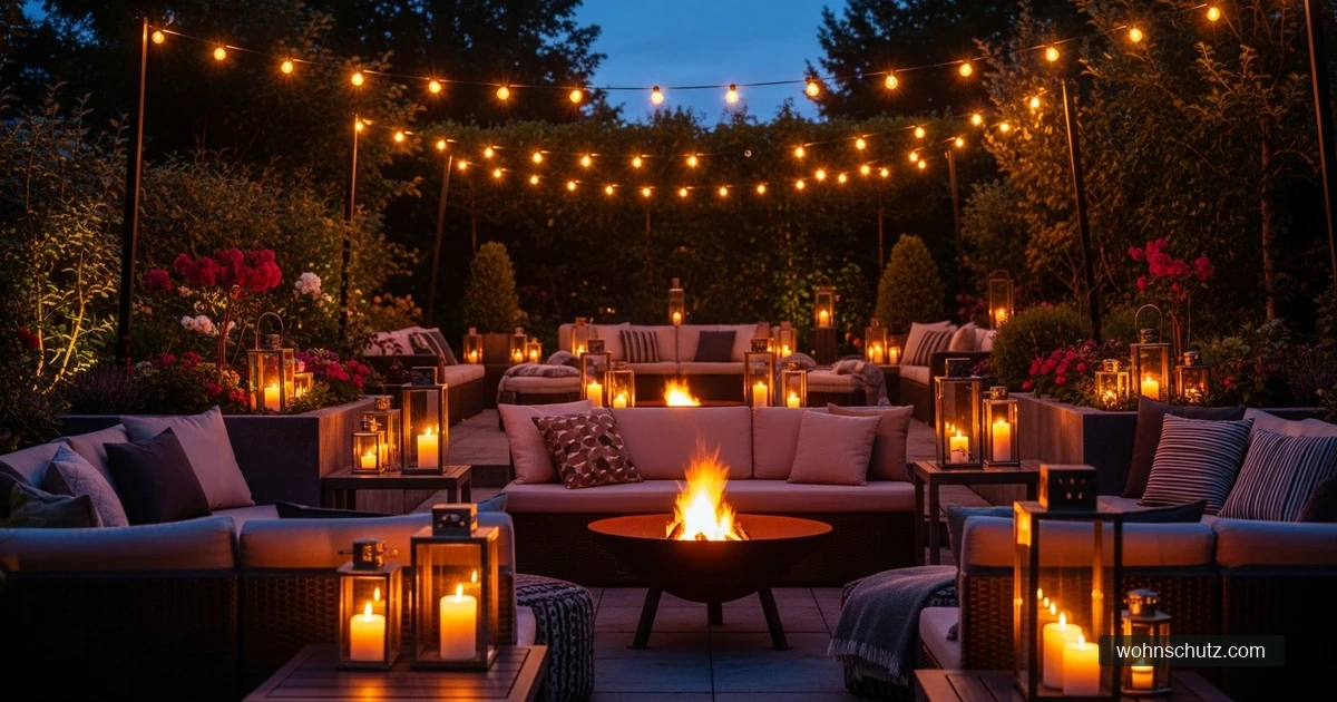 Terrasse am Abend mit warmen Solar-Lichterketten, Laternen und Loungemöbeln in gemütlicher Atmosphäre