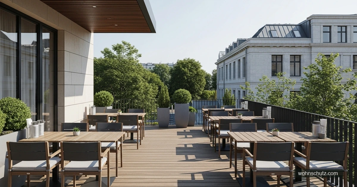 Gemütlicher Terrassen-Sitzplatz mit Loungemöbeln, Kissen, Outdoor-Teppich und Kübelpflanzen bei Tageslicht