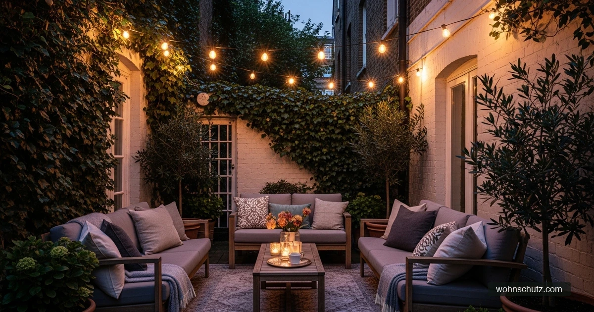 Gemütliche Terrasse am Abend mit Loungemöbeln, warmer Solarbeleuchtung und Kübelpflanzen