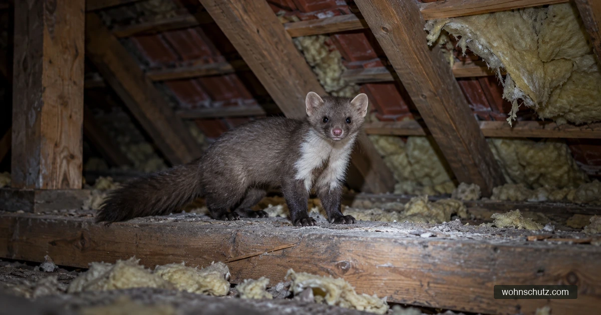 Steinmarder mit weißem Kehlfleck steht nachts auf einem Holzbalken im Dachboden zwischen herausgerissener Dämmwolle