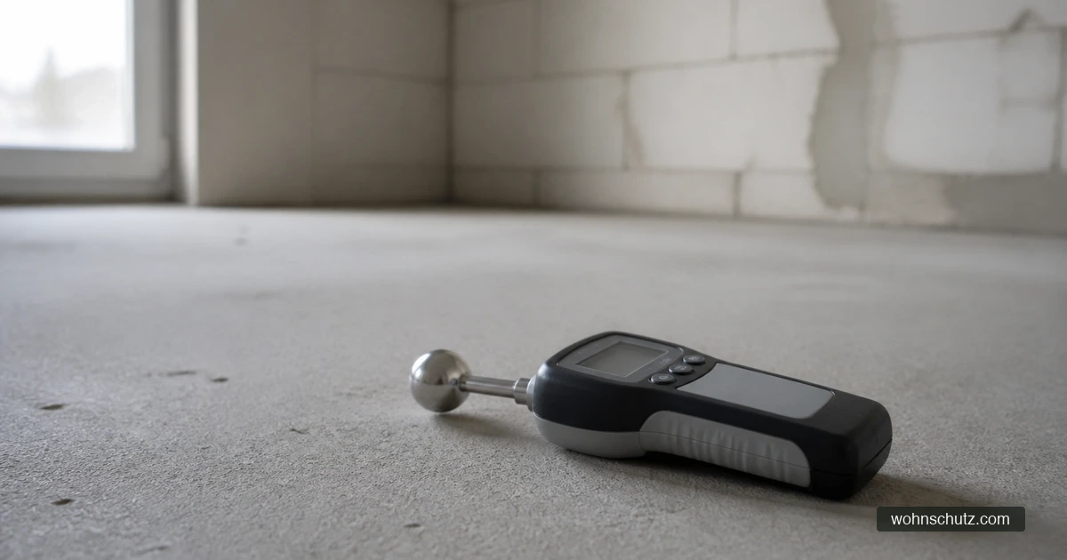 Feuchtemessgerät mit Kugelsensor auf dem unbelegten Zementestrich eines leeren Neubauzimmers, im Hintergrund eine unverputzte Wandecke