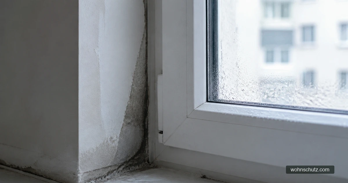 Kondenswasser und dunkle Feuchteränder an der Laibung eines Kunststofffensters in einer frisch bezogenen Neubauwohnung