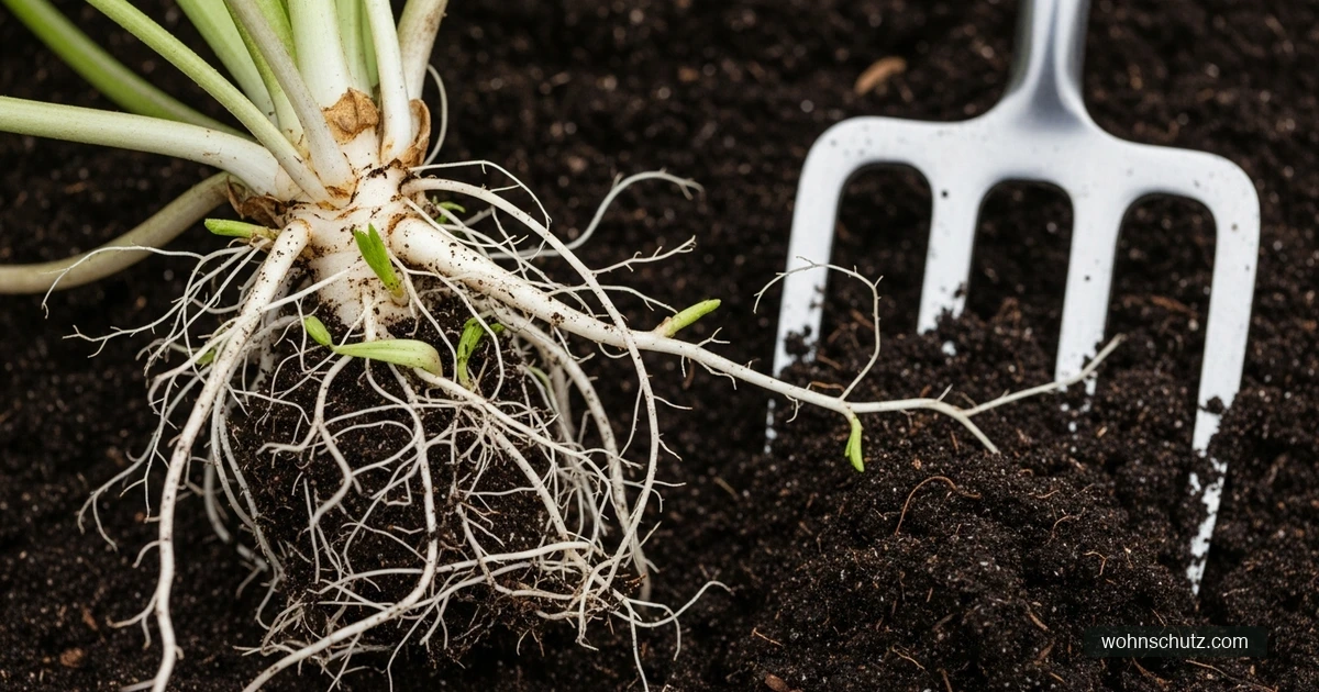 Weiße, verzweigte Giersch-Rhizome mit grünen Trieben liegen neben einer Grabegabel auf dunkler Gartenerde