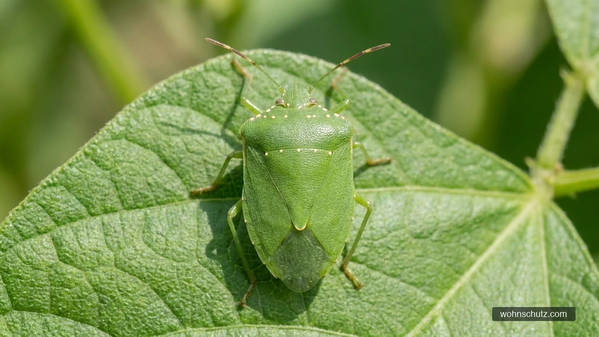 Grüne Reiswanze (Nezara viridula) auf einem Blatt – einfarbig grüne Wanze mit hellen Punkten am Vorderrand des Halsschilds