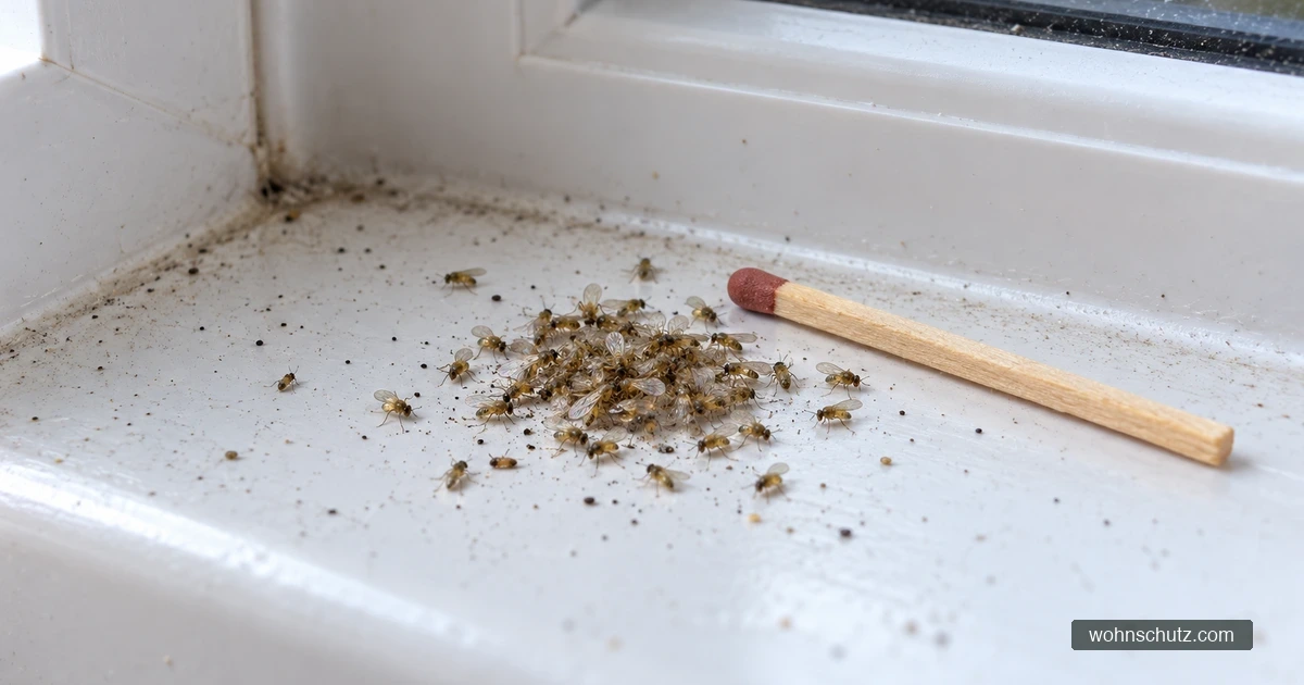 Häufchen toter, winziger gelblicher Fliegen mit Kotpunkten auf einer weißen Fensterbank, daneben ein Streichholz als Größenvergleich
