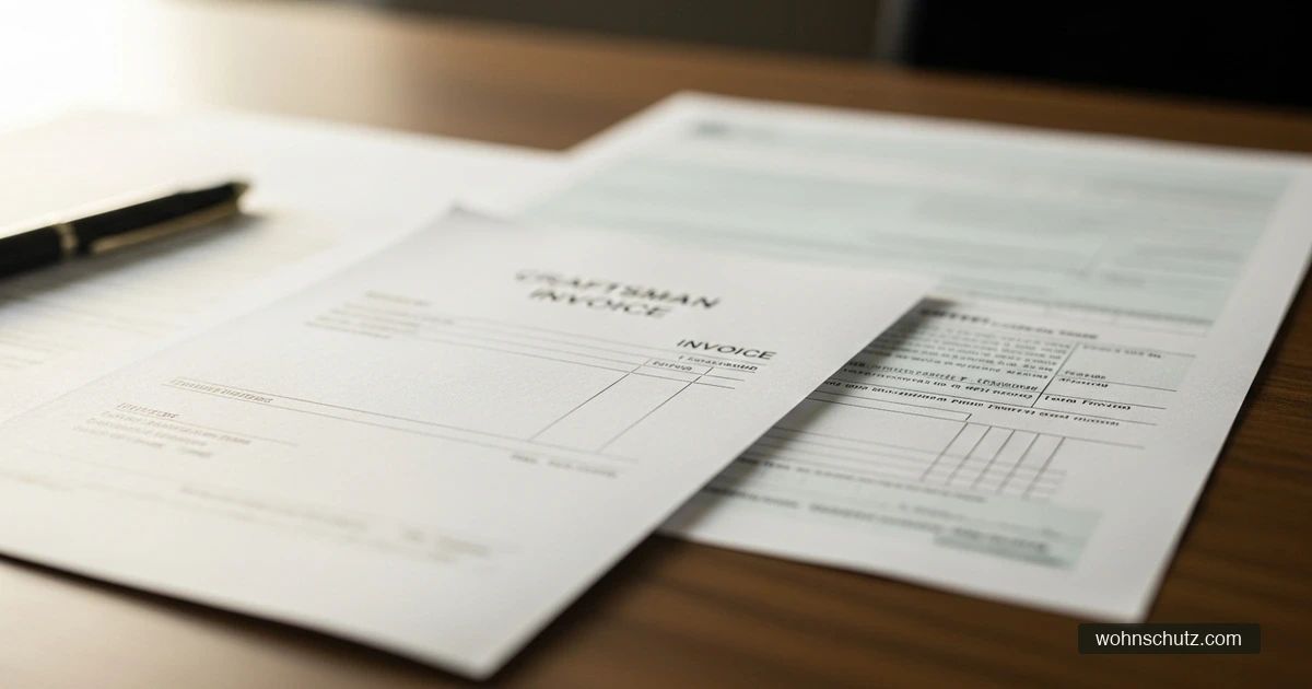 Handwerkerrechnung mit getrennt ausgewiesenen Arbeits- und Materialkosten neben Steuerunterlagen