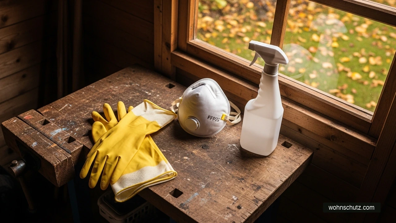 Gartenarbeit mit Schutzhandschuhen und FFP3-Maske beim Laub rechen – Hantavirus-Schutz