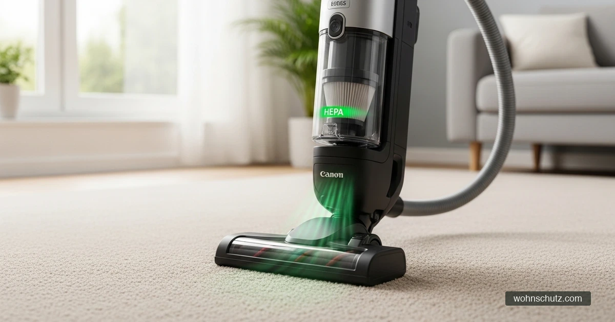 Staubsauger mit HEPA-Filter wird über einen Wohnzimmerteppich geführt – Milbenallergene werden gefiltert statt zurück in die Raumluft geblasen