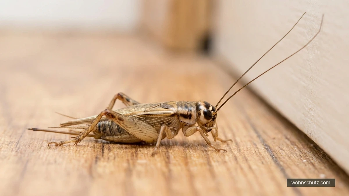 Heimchen (Acheta domesticus) auf einem Holzboden an einer hellen Wand – hellbraune Hausgrille mit sehr langen Fühlern