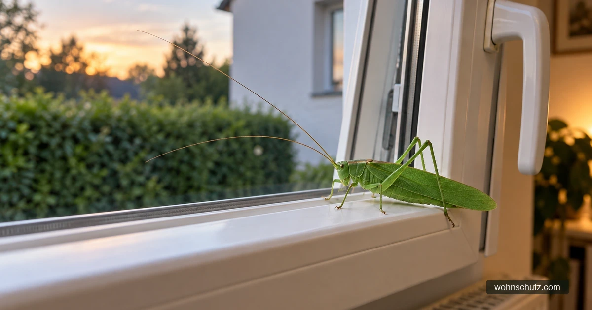 Grünes Heupferd sitzt abends innen auf dem Rahmen eines gekippten Kunststofffensters – typischer Irrgast, der vom Licht angelockt wurde
