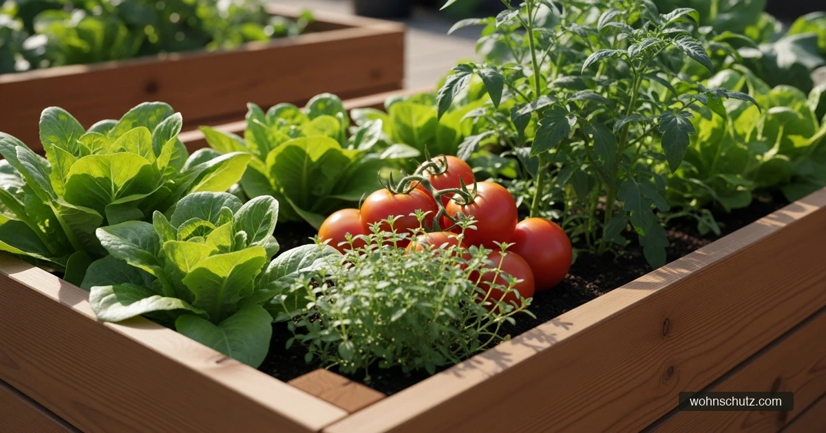 Bepflanztes Hochbeet aus Holz mit Gemüse und Kräutern in einem sonnigen Hausgarten
