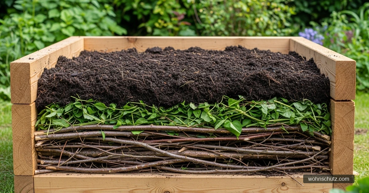 Querschnitt eines Hochbeets mit erkennbaren Schichten aus Ästen, Grünschnitt, Kompost und Erde