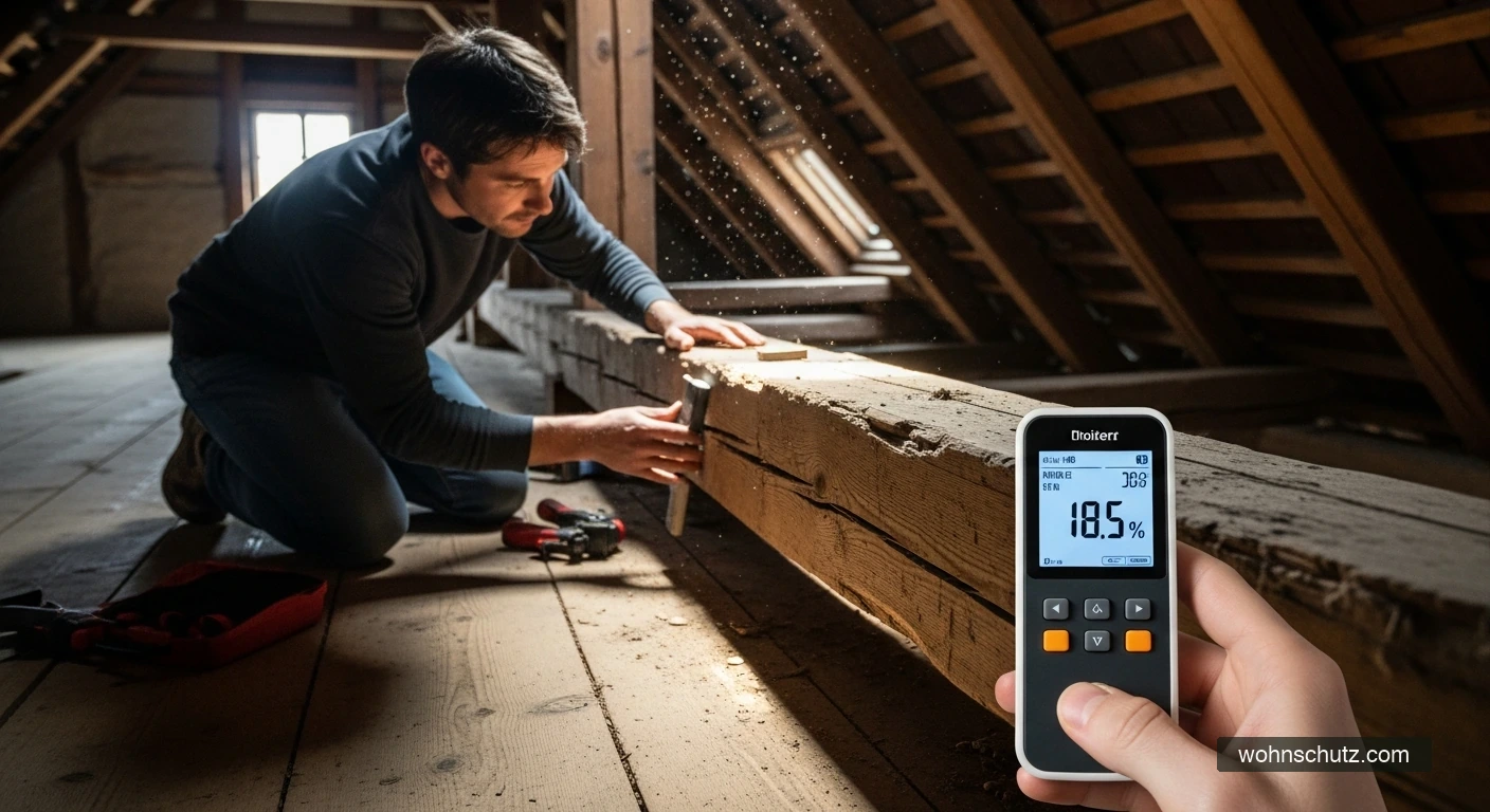 Holzfeuchtigkeitsmessgerät wird an alten Dachbalken gehalten – digitale Anzeige zeigt Messwert