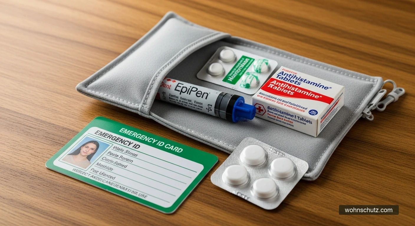Insektengiftallergie Notfallset: EpiPen-Autoinjektor, Antihistaminikum-Tabletten und Kortison-Zäpfchen in beschrifteter Notfalltasche