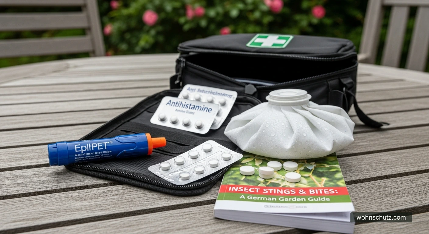 EpiPen-Adrenalin-Autoinjektor und Allergie-Notfallset auf Gartentisch – Vorbereitung für Insektengiftallergiker